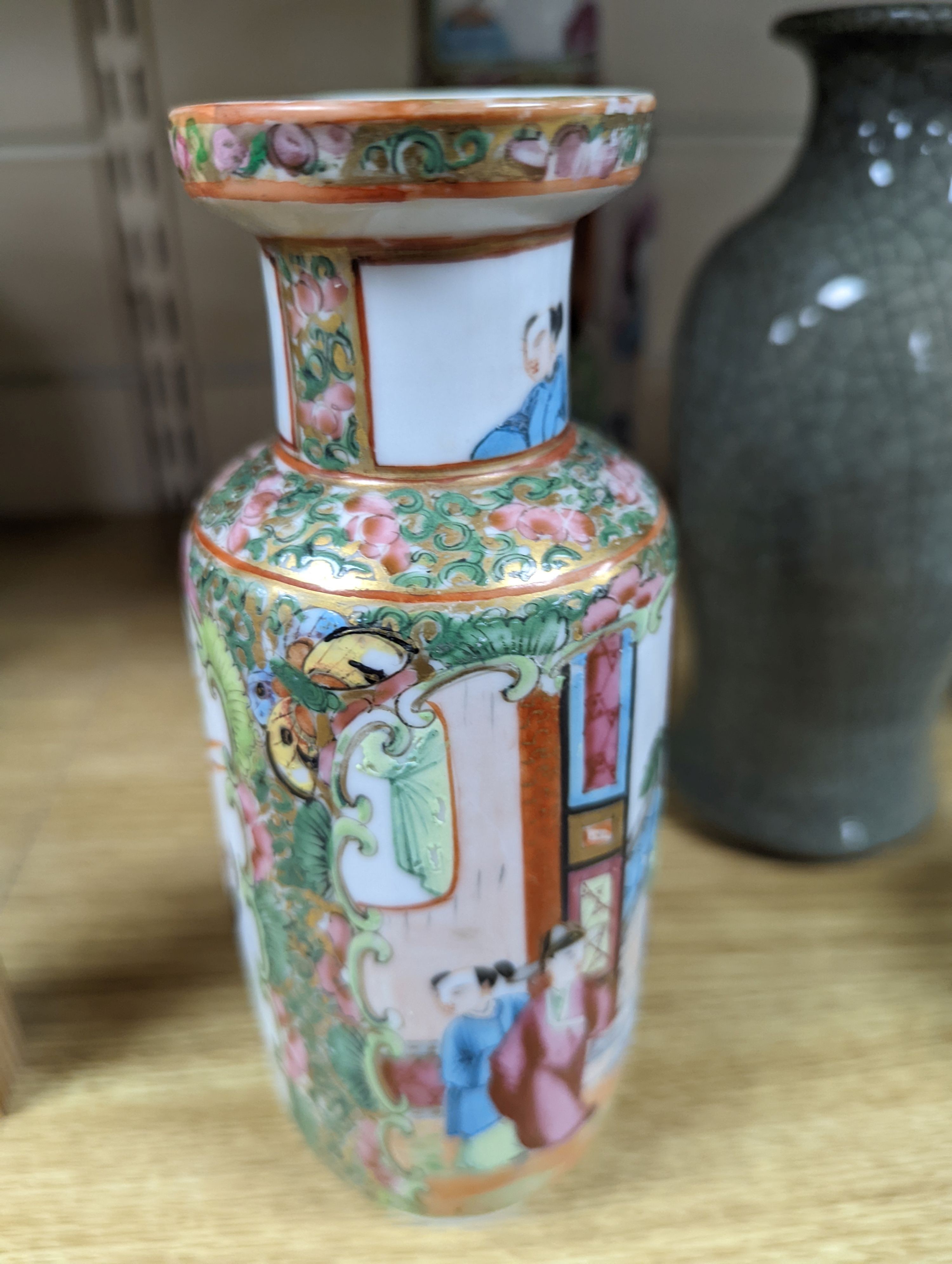 Two Chinese famille rose vases and a Celadon crackle glazed vase, 19th-century and later, tallest 25 cm